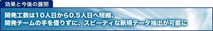 開発工数は10人日から0.5人日へ短縮、開発チームの手を借りずに、スピーディーな新規データ抽出が可能に