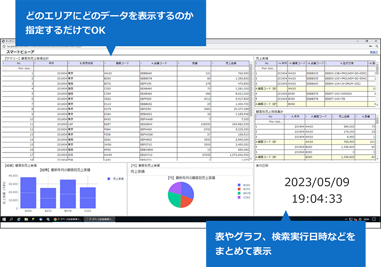 スマートビュー機能画面スクリーンショット。どのエリアにどのデータを表示するのか指定するだけでOK。表やグラフ、検索実行日時などをまとめて表示できる。